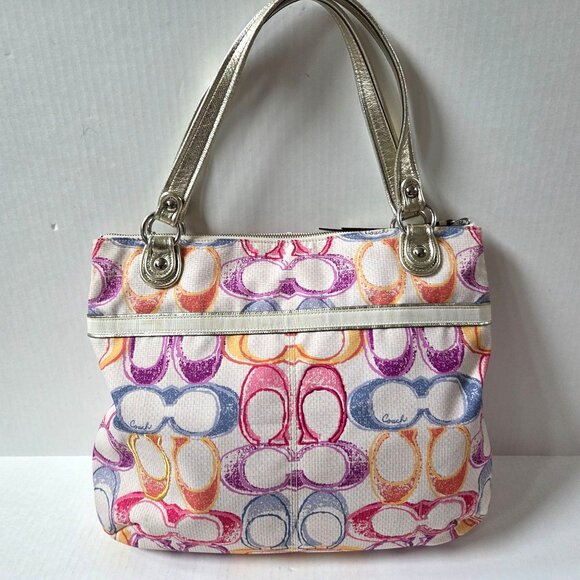 Coach Purse Poppy Dream Signature C Glam Multicolor White Canvas Tote Bag 19023 - Picture 6 of 14